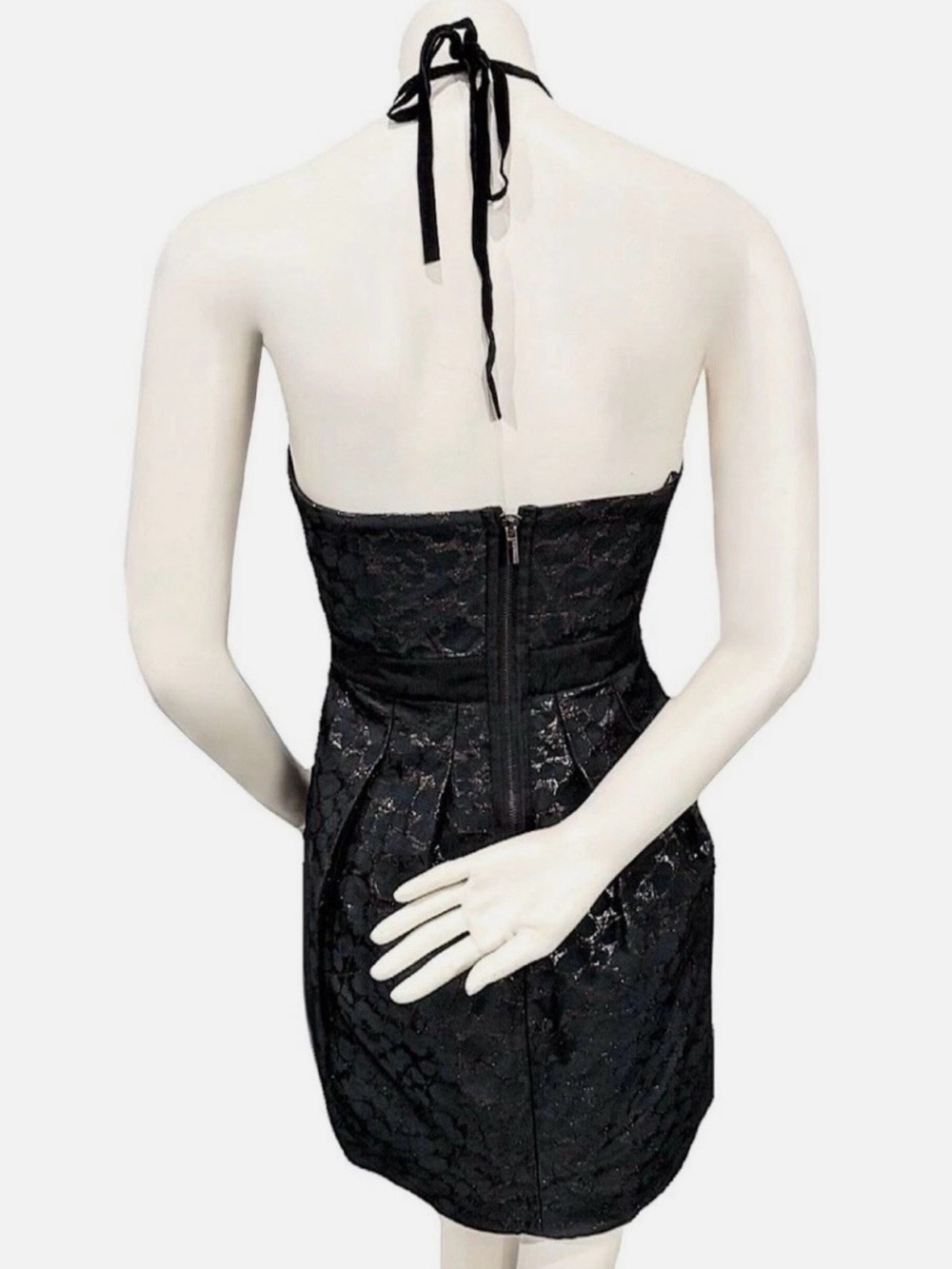 BCBGmaxazria Mini Dress Women’s 4 Black Metallic Jacquard Halter Cocktail Party - Picture 3 of 11